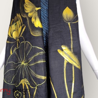 Black ramie scarf hand-painted with lotus